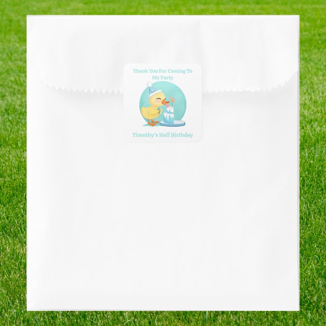 Thank You  Half Birthday Baby Duck with Cake Party Square Sticker (Creator Uploaded)