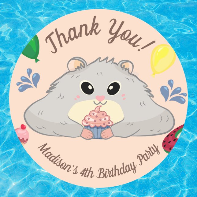 Thank You Hamster Bday Pool Party  Classic Round Sticker (Creator Uploaded)
