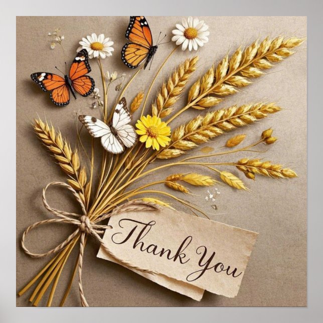 Thank you Hand drawn wildflowers, wheat stalks Poster (Front)