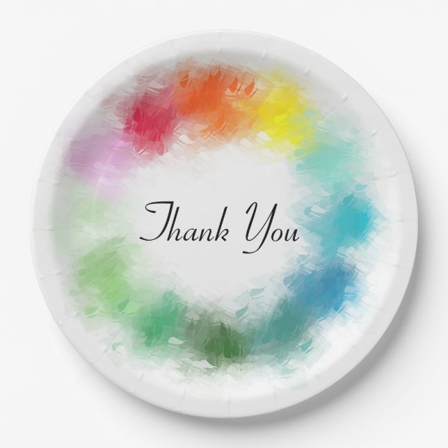 Thank You Hand Script Pink Red Orange Yellow Green Paper Plate (Front)