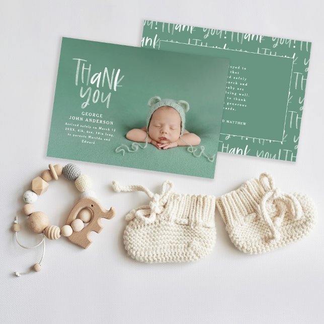 Thank you hand written modern photo birth announcement (Creator Uploaded)