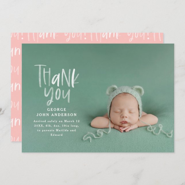 Thank you hand written modern pink girly photo announcement (Front/Back)