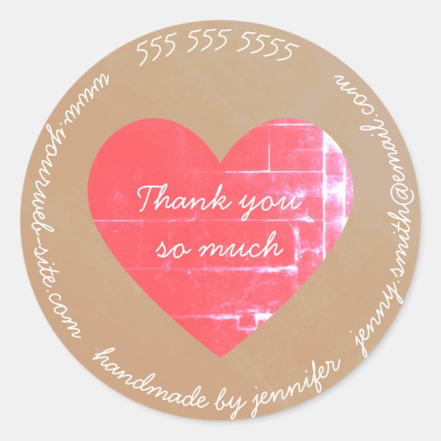 Thank You Handmade By Heart Website EMail Phone Classic Round Sticker (Front)