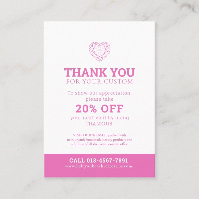 Thank you health photo promotion 20% off pink business card (Front)
