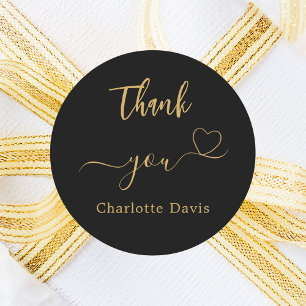 Thank you heart black gold name classic round sticker