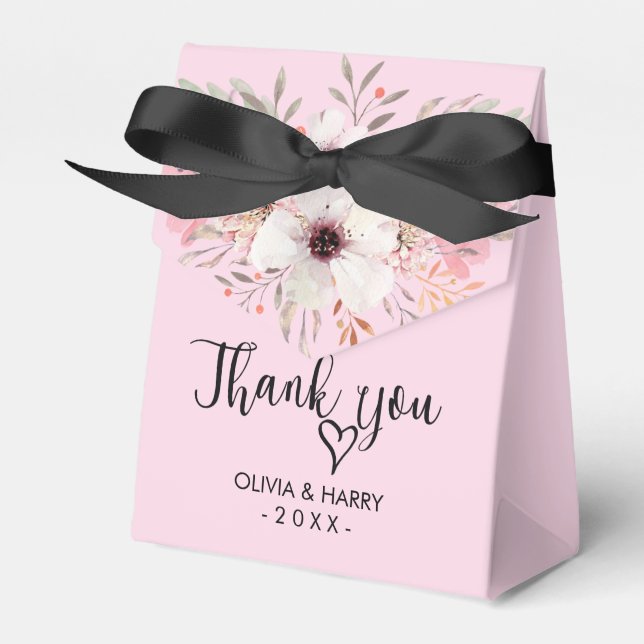 Thank You Heart Floral Wedding Favour Box - Pink (Front Side)