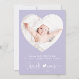 Thank You Heart Photo Purple Girl Birth Announcement