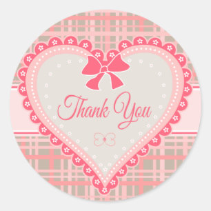 Thank You Heart Pink & Grey Plaid Stripe Stickers