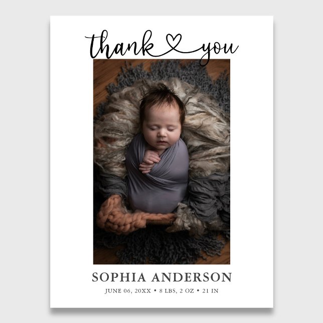 Thank You Heart Script Photo Birth Announcement Postcard (Creator Uploaded)