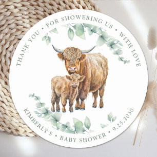 Thank You Highland Cow Boho Greenery Baby Shower Classic Round Sticker