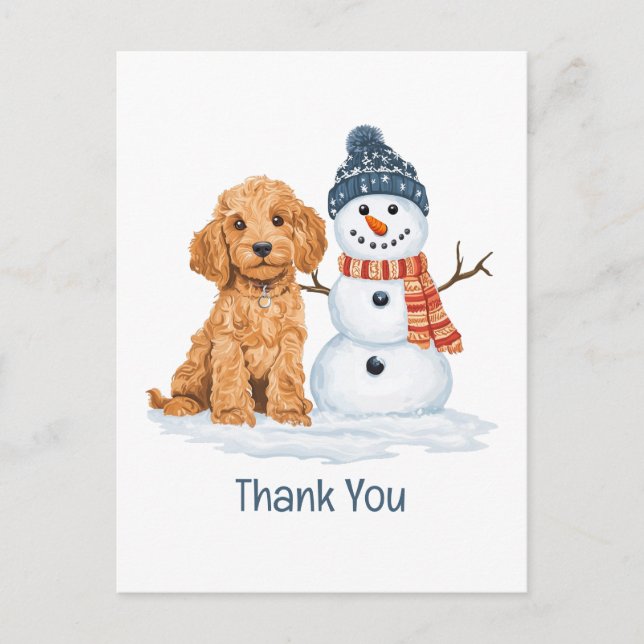 Thank You Holiday Winter Goldendoodle Dog Snowman Postcard (Front)