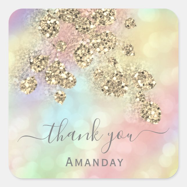Thank You  Holograph Pink Floral Glitter Gold Square Sticker (Front)
