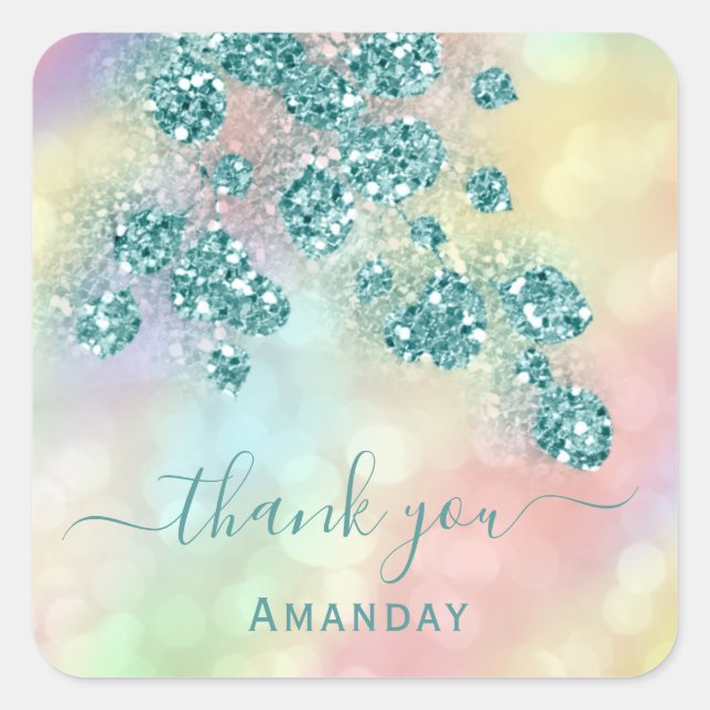 Thank You  Holograph Pink Floral Glitter Teal Square Sticker (Front)