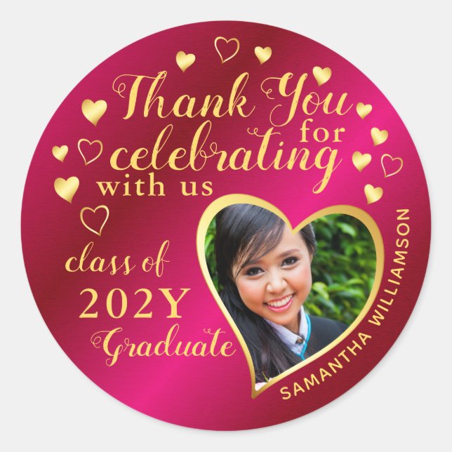 Thank You Hot Pink and Gold 2025 Graduation Favour Classic Round Sticker (Front)