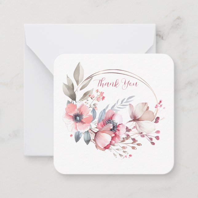 Thank You in Script Text, Floral, Your Message Card (Front)