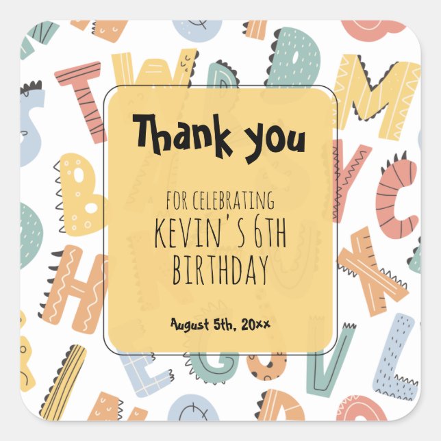 Thank you Kids Girls Boys Birthday Dinosaur Custom Square Sticker (Front)