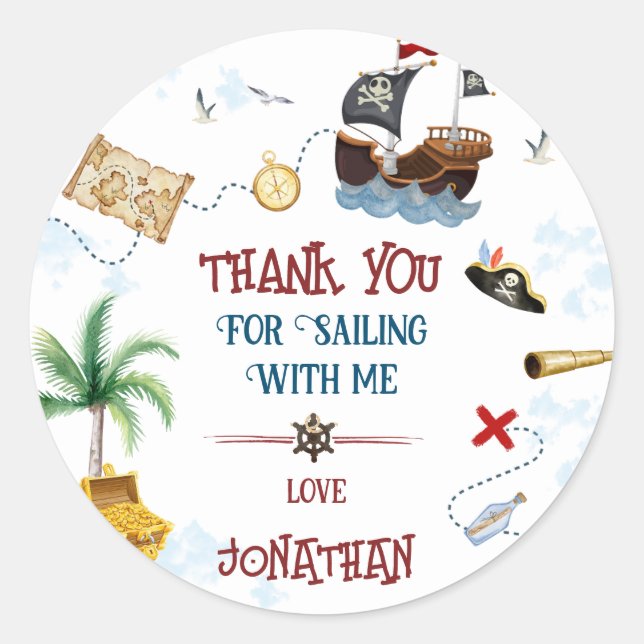 Thank you Kids pirate party Baby boy birthday Classic Round Sticker (Front)