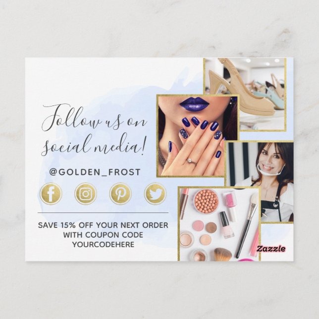 Thank You Light Blue Watercolor & Gold 4-Photo Postcard (Back)