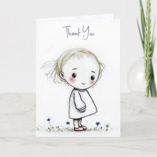 Thank You Little Girl Sketch With Wildflowers Card