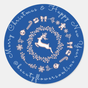 Thank You Logo Merry Christmas Reindeer Blue Roya Classic Round Sticker