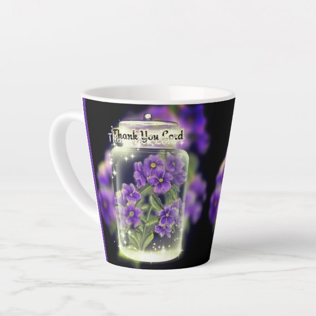 Thank You Lord (Purple Pansies) Latte Mug (Left Angle)