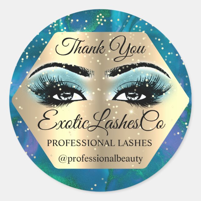Thank YOU  Makeup Artist Gold LASHES Blue Mint Classic Round Sticker (Front)