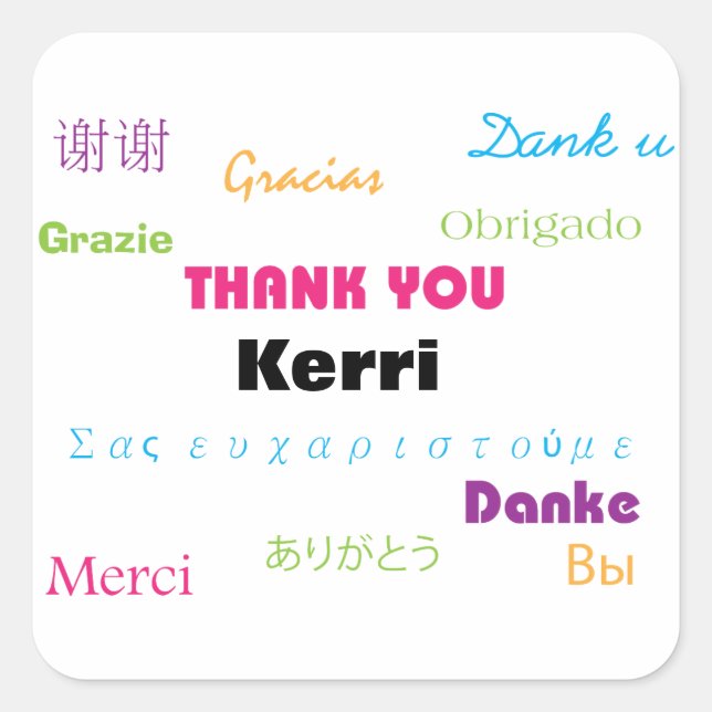 Thank You Many Languages Colourful Personalise Square Sticker (Front)