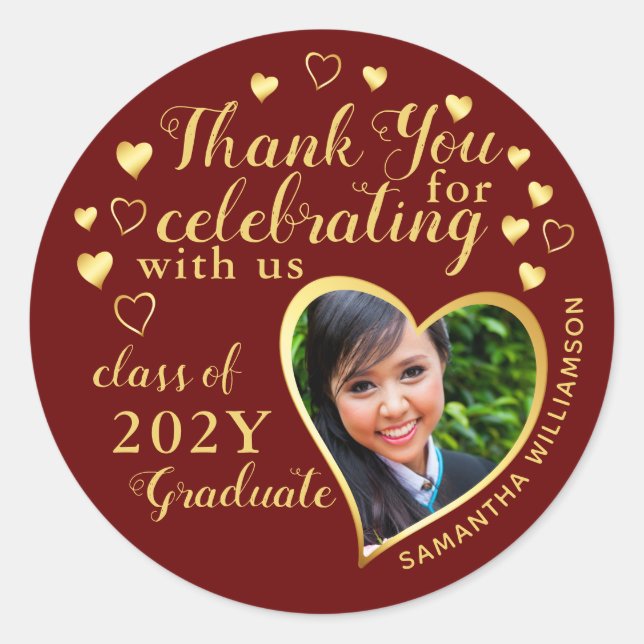 Thank You Maroon Red Gold 2025 Graduation Favour Classic Round Sticker (Front)