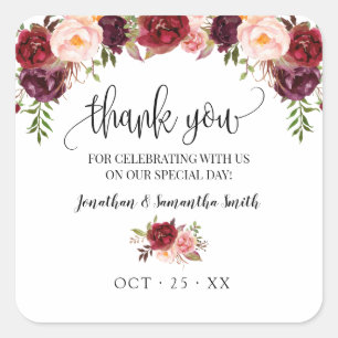 Thank you marsala floral boho chic wedding square sticker
