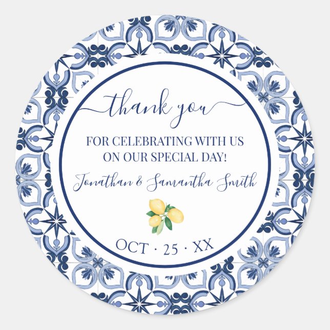 Thank You Mediterranean Lemons Bridal Shower Classic Round Sticker (Front)