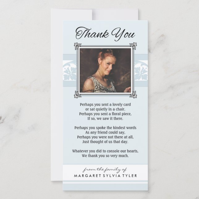 Thank You Memorial Light Blue & White Photo Card (Front)