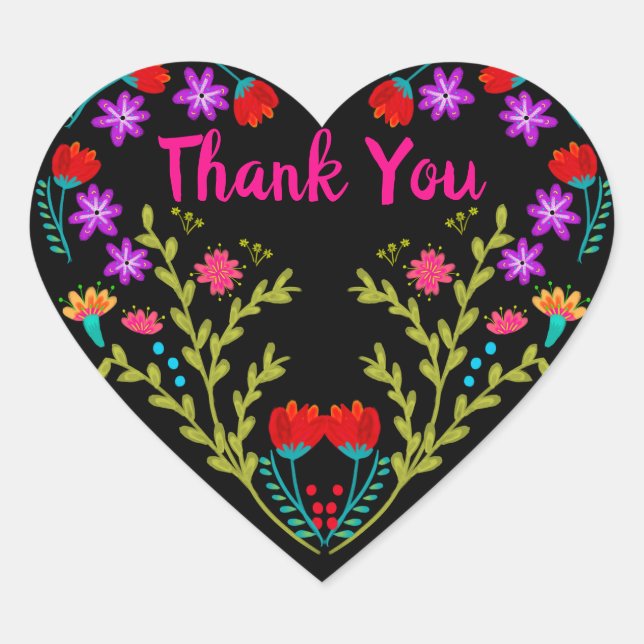 Thank You Mexican Fiesta Flowers Quinceanera Black Heart Sticker (Front)
