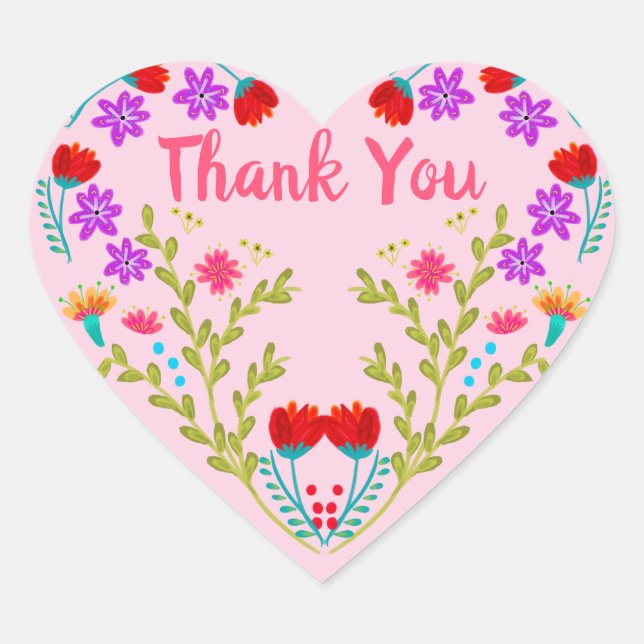 Thank You Mexican Flowers Pink Quinceanera Party Heart Sticker (Front)