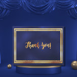 Thank you milestone birthday navy blue gold postcard<br><div class="desc">A thank you card for a milestone birthday. A dark navy blue background colour and a faux gold frame. The blue colour is uneven.  On front a hand lettered style script and the text: Thank You!  
Back: Template for Your thank you note and name. No background colour.</div>