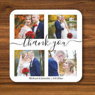 thank you,minimal 4 photos collage wedding chic square paper coaster