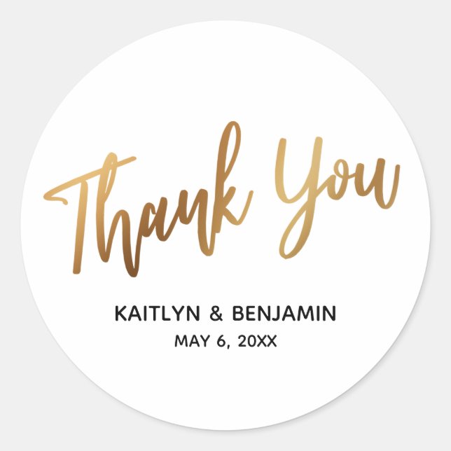 Thank You Minimal Gold Handwriting Typography Classic Round Sticker (Front)