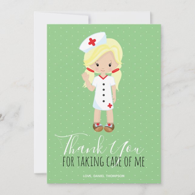 Thank You Mint Green Script Blonde Cartoon Nurse Card (Front)