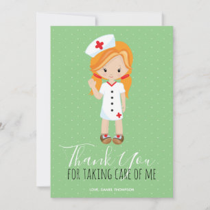 Thank You Mint Green Script Ginger Cartoon Nurse Card