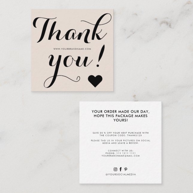 Thank you modern beige black  square business card (Front/Back)