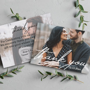 thank you,modern handwriting chic wedding 2 photos card