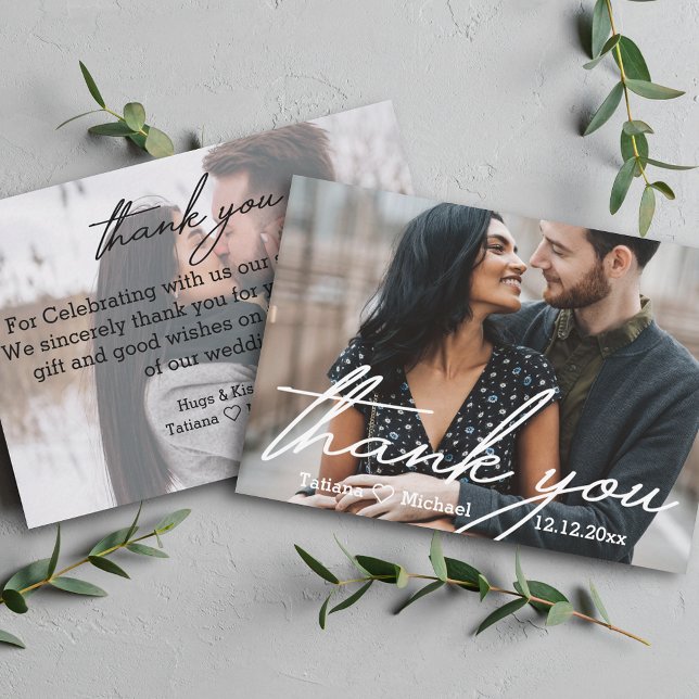 thank you,modern handwriting chic wedding 2 photos card (Creator Uploaded)