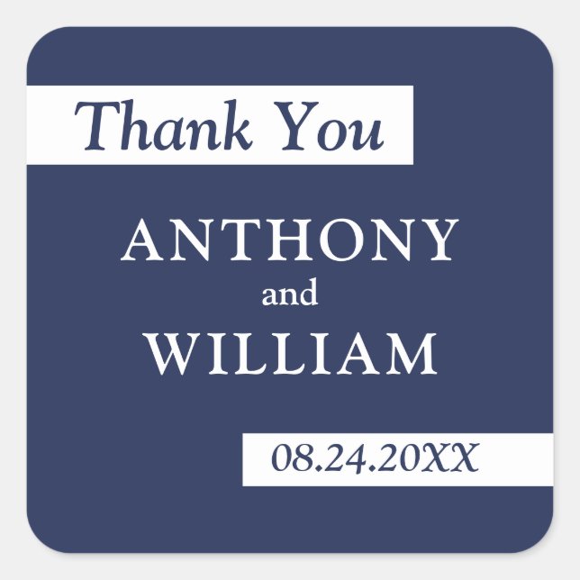 Thank You Modern Navy Blue White Geometric Wedding Square Sticker (Front)