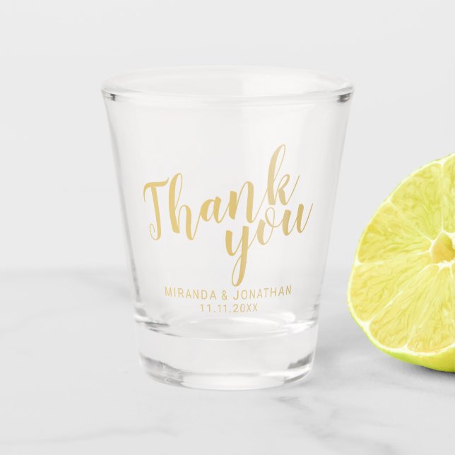 'Thank You' Modern Script Gold Wedding Favour Shot Glass (Front)