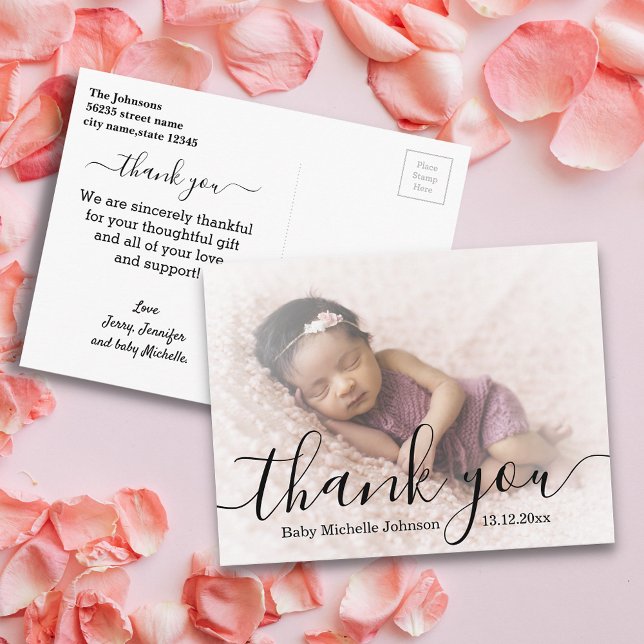 thank you,modern script, newborn baby girl photo postcard (Creator Uploaded)