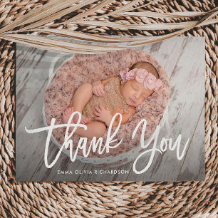 Thank You   Modern Script Photo Birth Announcement
