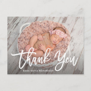 Thank You Modern Script Photo Birth Announcement Postcard