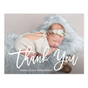 Thank You | Modern Script Photo Birth Announcement Postcard