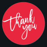 THANK YOU modern script type packaging BOLD RED Classic Round Sticker<br><div class="desc">by kat massard >>> https://linktr.ee/simplysweetpaperie <<< A fresh and fashionable casual look for your business or personal use Easy to customise with your own text - make it yours! TIP :: 1. Reposition / Resize or add more text by hitting the "CUSTOMIZE IT" button to ensure it is perfectly balanced....</div>