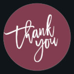 THANK YOU modern script type packaging BURGUNDY Classic Round Sticker<br><div class="desc">by kat massard >>> https://linktr.ee/simplysweetpaperie <<< A fresh and fashionable casual look for your business or personal use Easy to customise with your own text - make it yours! TIP :: 1. Reposition / Resize or add more text by hitting the "CUSTOMIZE IT" button to ensure it is perfectly balanced....</div>