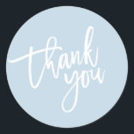 THANK YOU modern script type packaging DUCK EGG Classic Round Sticker<br><div class="desc">by kat massard >>> https://linktr.ee/simplysweetpaperie <<< A fresh and fashionable casual look for your business or personal use Easy to customise with your own text - make it yours! TIP :: 1. Reposition / Resize or add more text by hitting the "CUSTOMIZE IT" button to ensure it is perfectly balanced....</div>